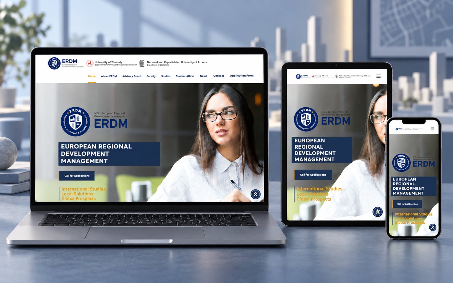 ERDM website presented on a laptop, tablet and phone in a blue architectural setting.