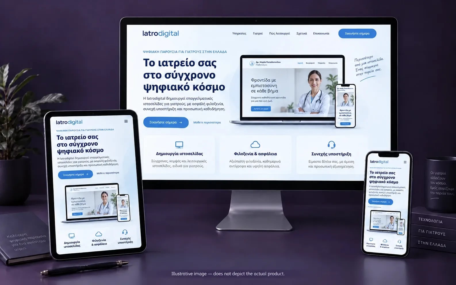 Illustrative Iatrodigital image on desktop, tablet and phone — does not depict the actual product.