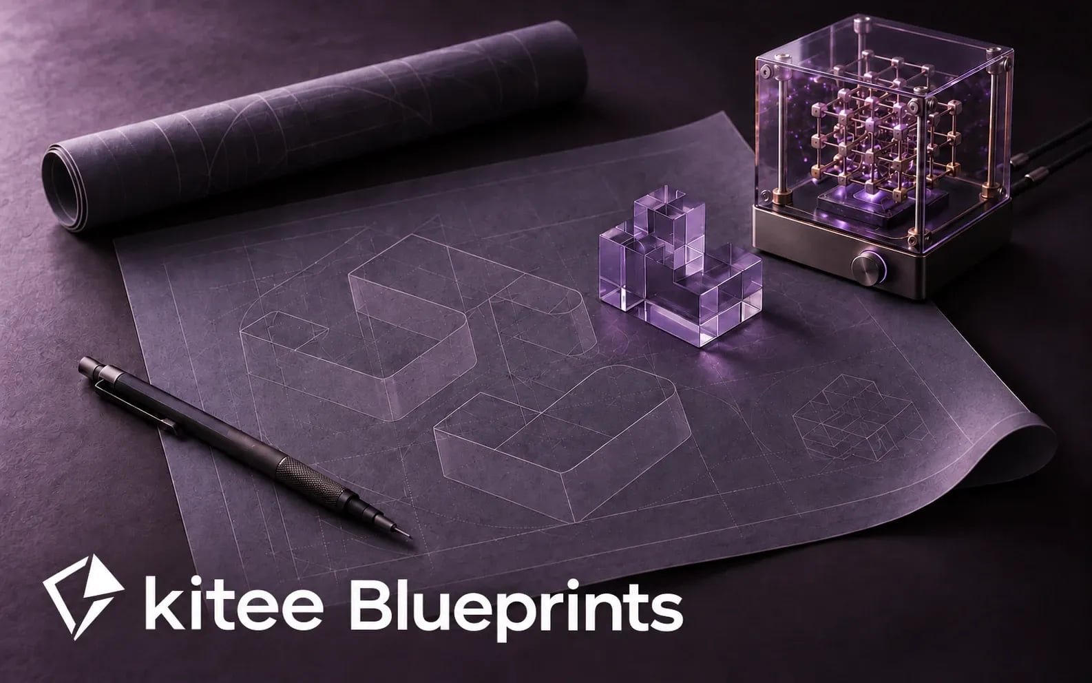 Illustrative Kitee Blueprints workbench with drafting papers, violet glass prototypes, a futuristic computing device, and white Kitee Blueprints branding.